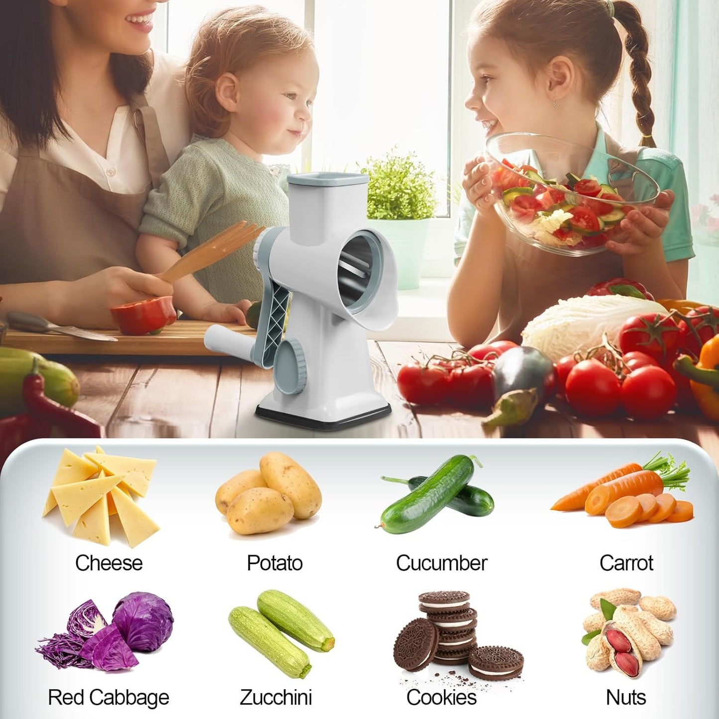 GORCI 3 Cheese Grater Cheese Shredder with Interchangeable Blades, Rotary Cheese Grater Manual Vegetable Slicer