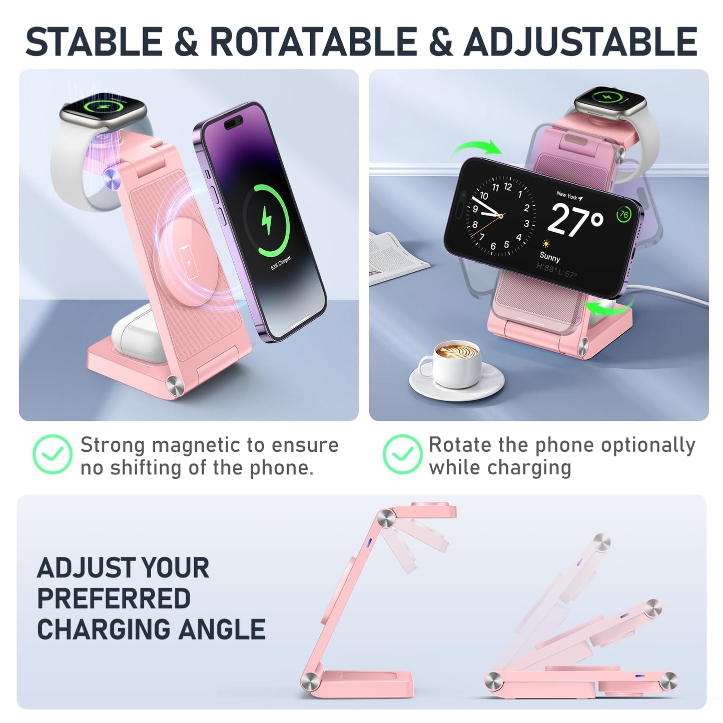 Magnetic Wireless Charger Stand, 3 in 1 Foldable Wireless Charging Station with 20W Adapter, Travel Charger for Multiple Devices for iPhone 17 16 15 14 13 12 Pro/Max/Plus/Mini, iWatch, AirPods