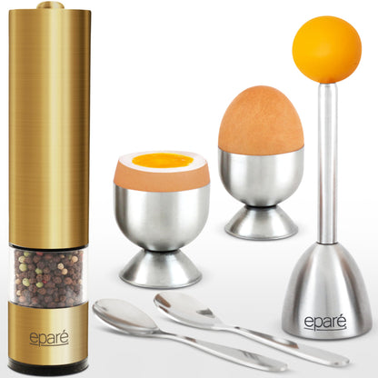 Eparé Bundle: Egg Cracker Topper Set & Salt or Pepper Grinder - Complete Soft Boiled Egg Tool Set & Battery Operated Ceramic Burr Stainless Steel Peppermill