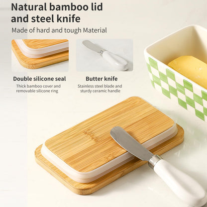 Howise Butter Dish with Lid, Large Butter Dish for Countertop, Ceramic Butter Keeper Container with Knife and Silicone Sealing Butter Box for Home Decor Good Kitchen Gift Green