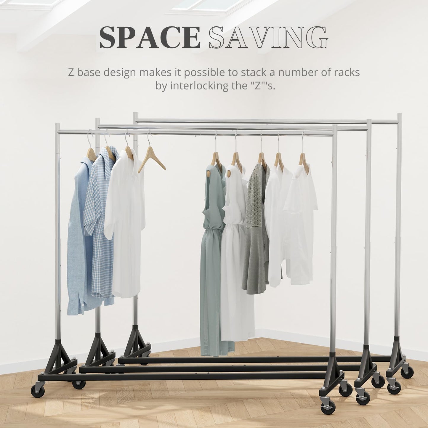 HOKEEPER Z Base Clothing Rack Heavy Duty Clothes Rack for Hanging Clothes Hold 500LBS Commercial Garment Rack with Wheels Adjustable Rolling Clothes Rack Portable Z 24" Dx63 Wx71 H, 3 Pack