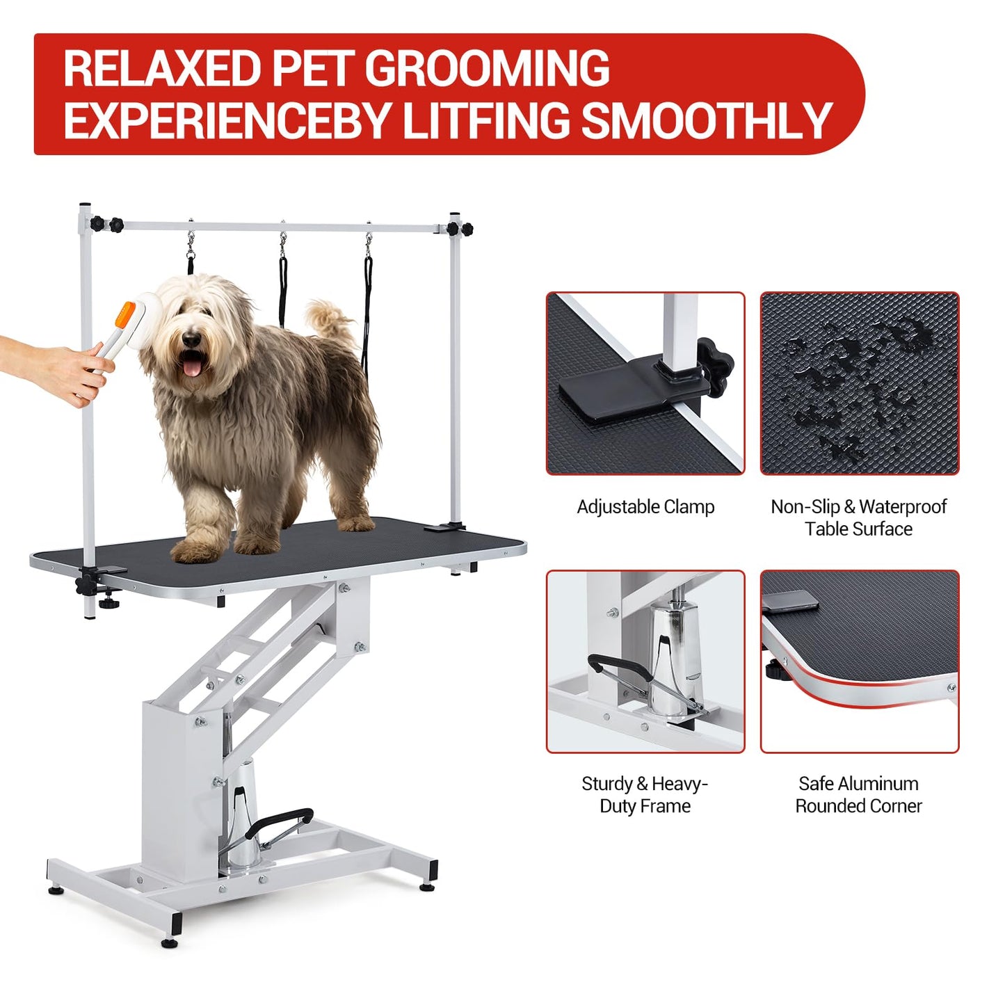 MegaChoice 43.3" Professional Hydraulic Dog Grooming Table, Adjustable Height 22"-39", Max Load 350Lbs, Large Pet Grooming Table for Medium & Large Dogs