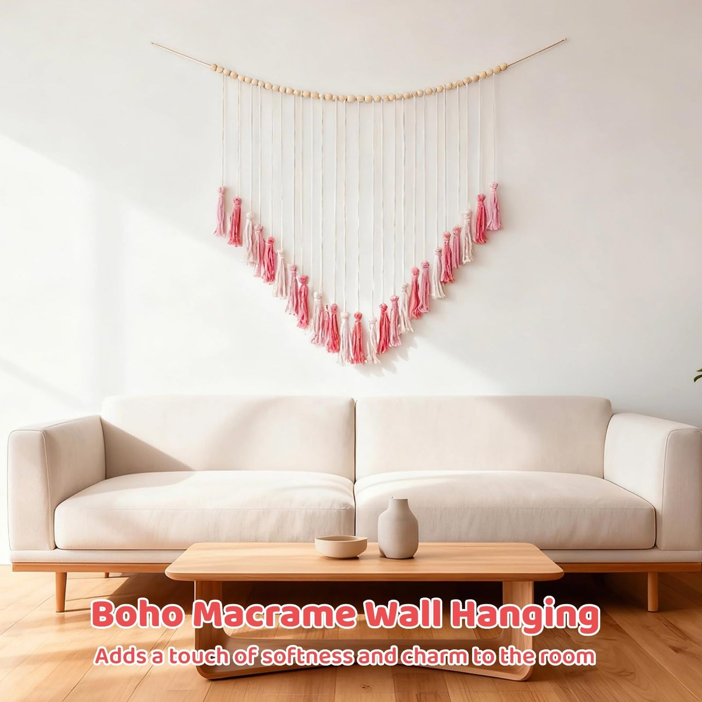 Boho Macrame Wall Hanging, 43 x 39 in Blush Pink Wall Decor with Wooden Beads, Large Handmade Cotton Rope Tapestry for Bedroom, Living Room, Wedding, Apartment