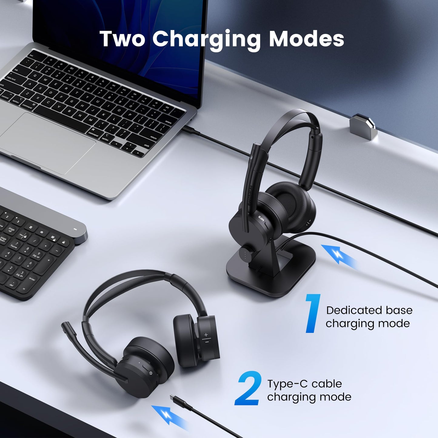Wireless Headset with Mic for Work(Upgrade Volume Knob & Charging Indicator), Bluetooth Headset with Microphone for PC, with Noise Cancelling/Mute/USB for Call Center/Office/Home/Computer/Teams/Zoom