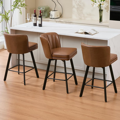 SAECKBERG Swivel Counter Height Bar Stools Set of 4, 26'' Modern Barstools with Backs and Metal Legs, Upholstered Bar Chairs, Faux Leather Dark Brown Stools for Kitchen Island Chairs