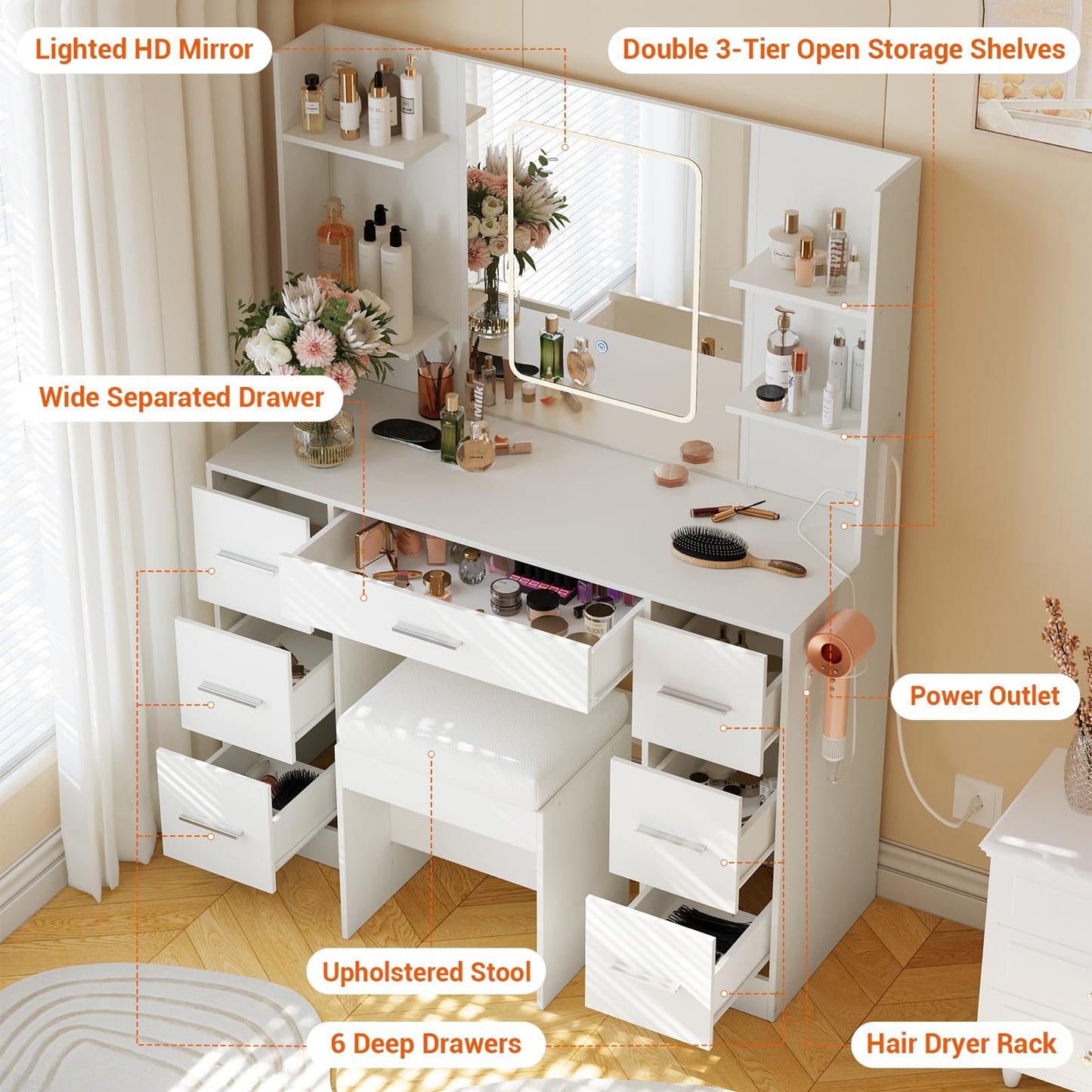 Garvee Makeup Vanity with Mirror and Chair, Power Outlet, Hairdryer Holder, 7 Drawers, 3 Lighting Modes Brightness Adjustable Dressing Table for Bedroom (White)