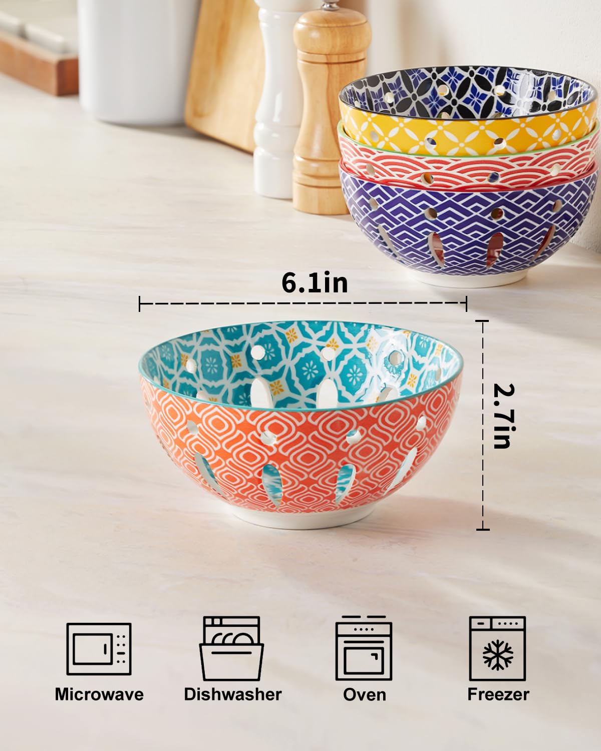 Metahom Ceramic Berry Basket, 6" Colorful Fruit Bowl, Round Berry Colander, Cute Small Container for Strawberry, Fruit Basket for Kitchen Counter, Set of 4