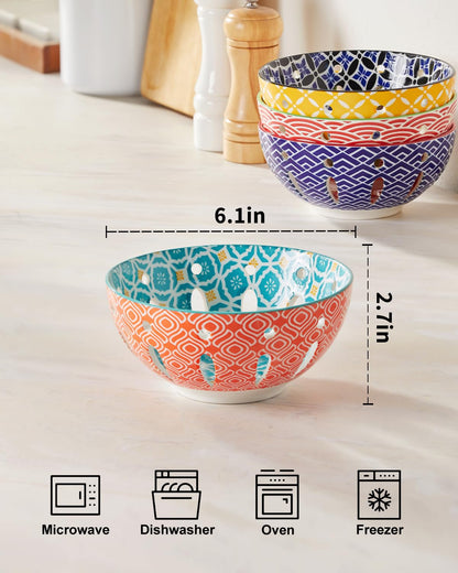Metahom Ceramic Berry Basket, 6" Colorful Fruit Bowl, Round Berry Colander, Cute Small Container for Strawberry, Fruit Basket for Kitchen Counter, Set of 4
