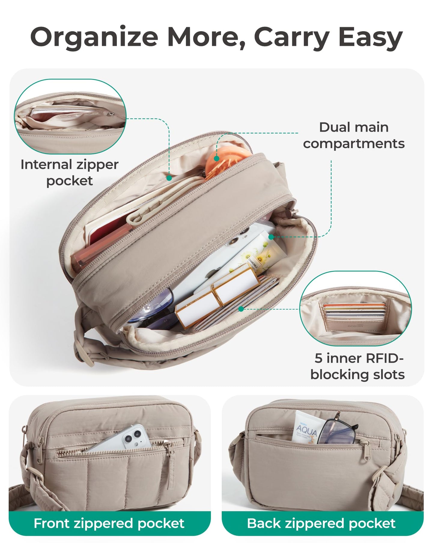 BAGSMART Cross Body Purse, Mini Crossbody Bags for Women Travel Purse, Puffy Shoulder Handbag Wallet with RFID Blocking Slots, Brown-small