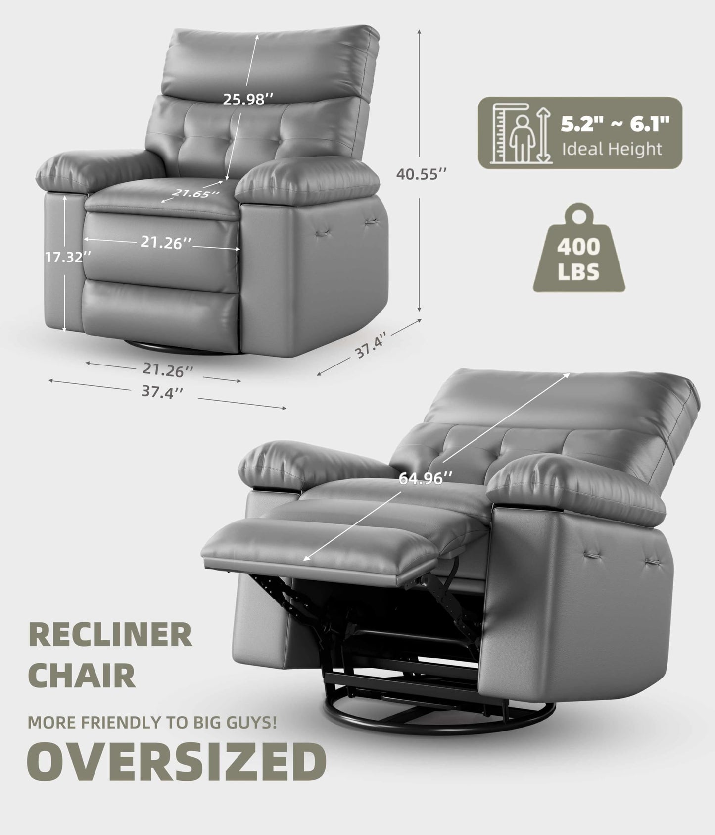 Garvee Oversized Recliner Chair - PU Leather Manual Recliner for Adults, Comfy Reclining Chair with Overstuffed Arms and Back, Side Pocket, Single Sofa for Living Room, Bedroom