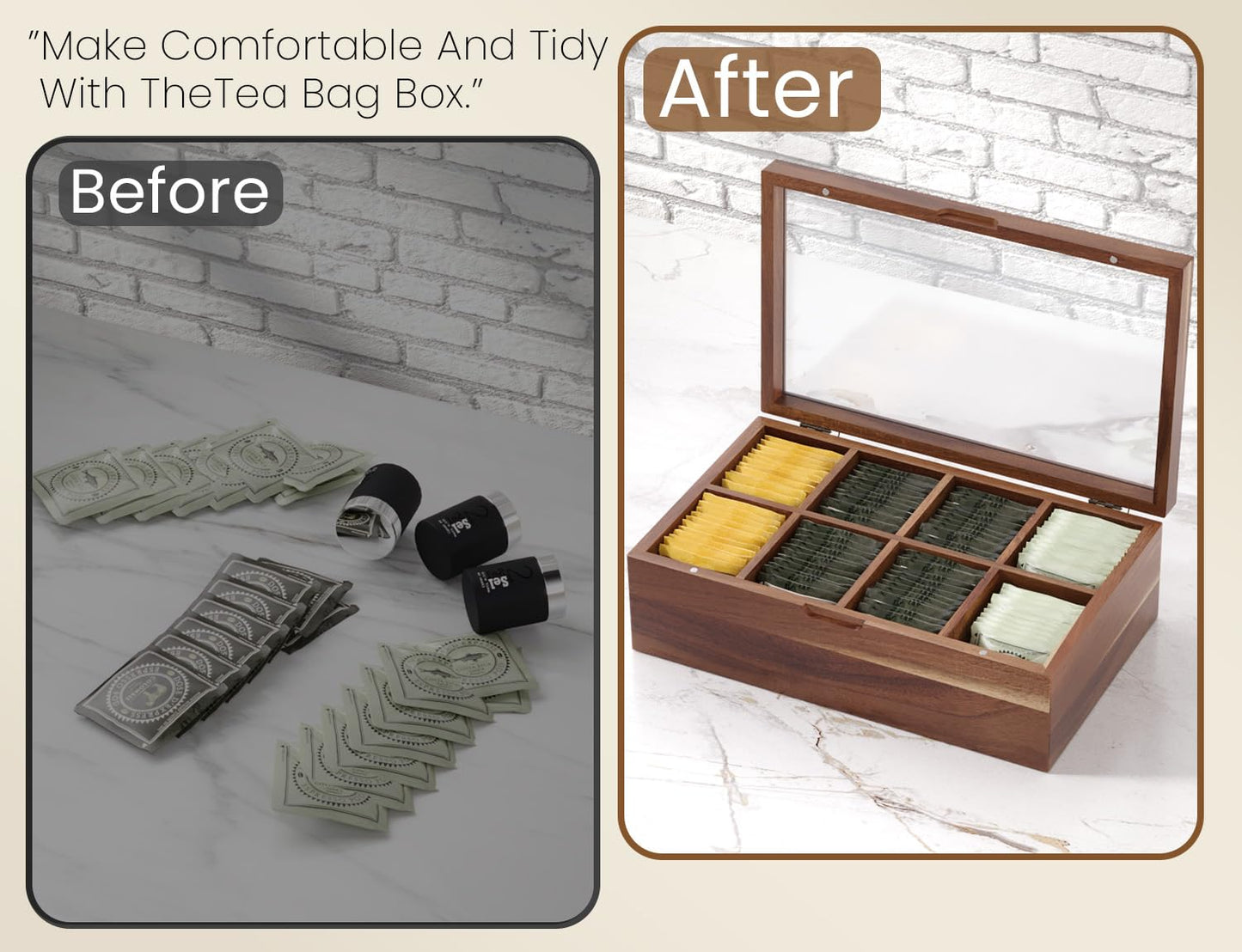 Danfoxer Acacia Wood Tea Bag Organizers, Tea and Sugar Packet Storage Chest,Wooden Teabag Holder Containers,Teabox Storage Box with 8 Compartments and Clear Acrylic Top Window