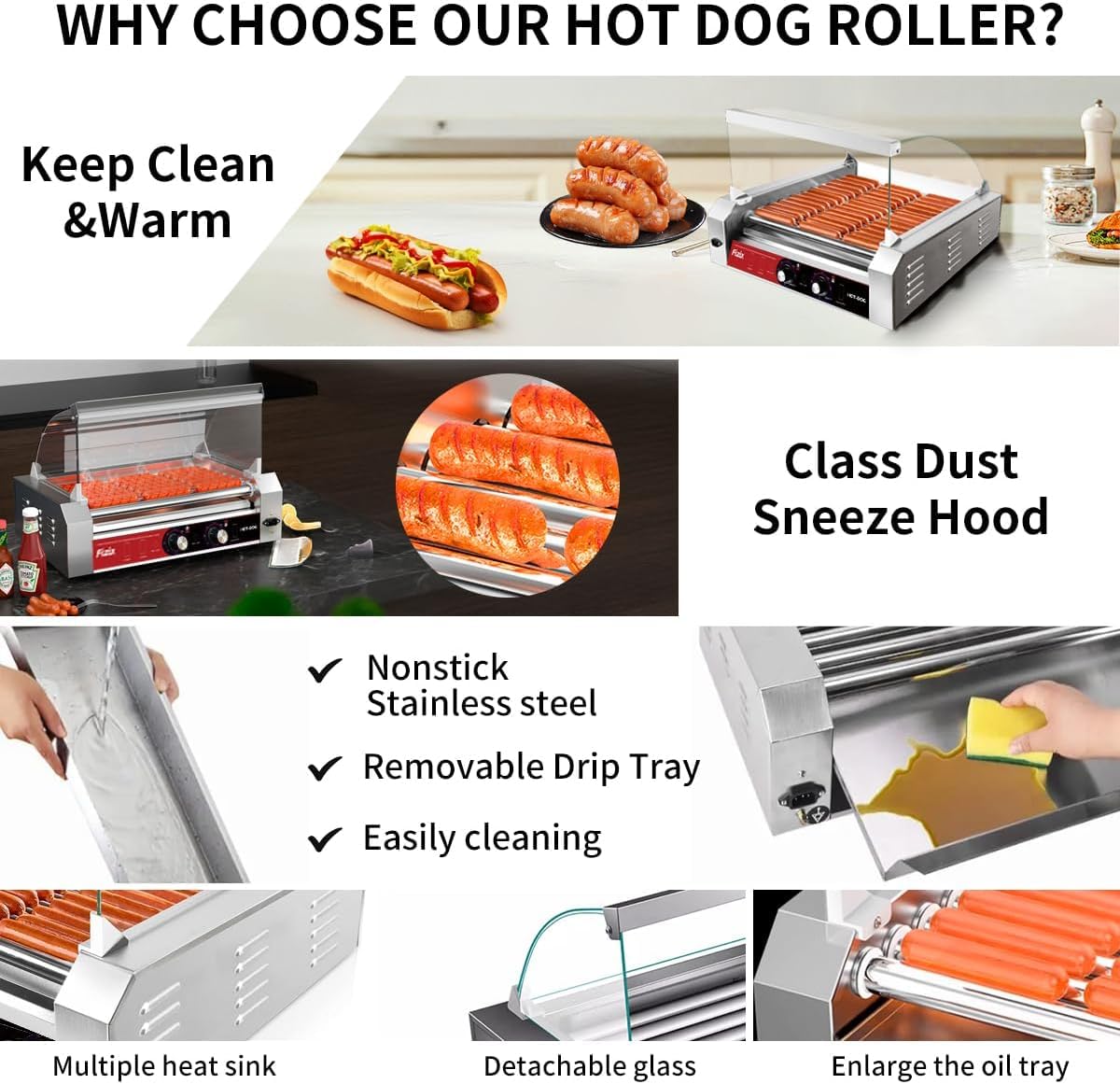 1670W Hot Dog Roller Grill with 11 Rollers, 30 Hot Dog Capacity, Dual Temp Control, Stainless Steel, Dust Cover, LED Light,Commercial & Home Use (Red-Black)