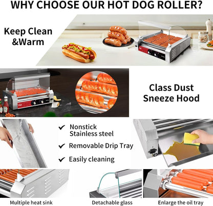 1670W Hot Dog Roller Grill with 11 Rollers, 30 Hot Dog Capacity, Dual Temp Control, Stainless Steel, Dust Cover, LED Light,Commercial & Home Use (Red-Black)