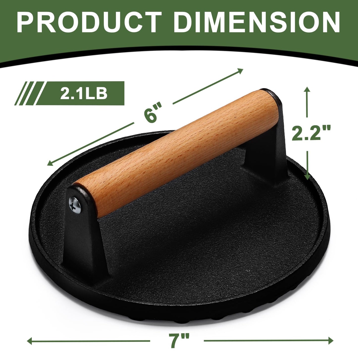 EWFEN Burger Press, 7" Round Heavy-Duty Cast Iron Smash Bacon Press Meat Steak with Wood Handle for Griddle, Sandwich, Nonstick Pan