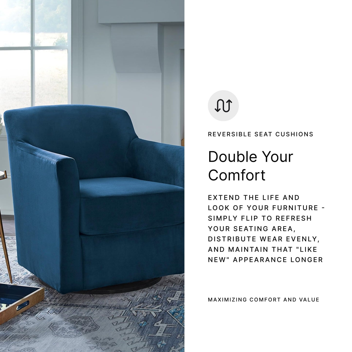 Signature Design by Ashley Bradney Swivel Chair with Blue Velvet Upholstery, Contemporary Shelter‑Arm Seating with Reversible Cushion and Wood Base for Living Room or Bedroom