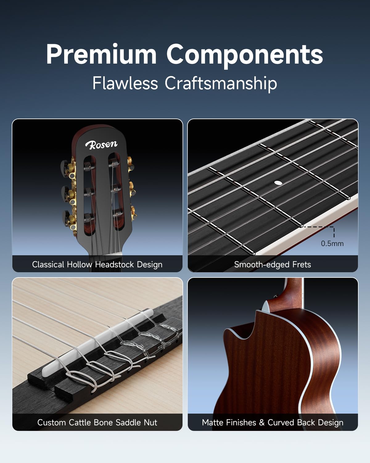 Rosen V1 Hybrid Acoustic Guitar for Beginners Adults Patented Body with Solid Spruce Top & Soft Touch Strings Thin Neck & Open Pore Matte 40 Inch,Natural