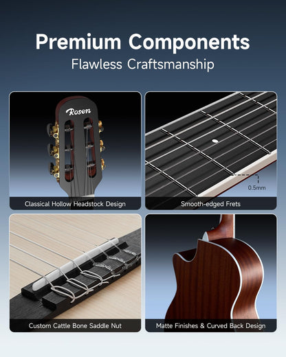 Rosen V1 Hybrid Acoustic Guitar for Beginners Adults Patented Body with Solid Spruce Top & Soft Touch Strings Thin Neck & Open Pore Matte 40 Inch,Natural
