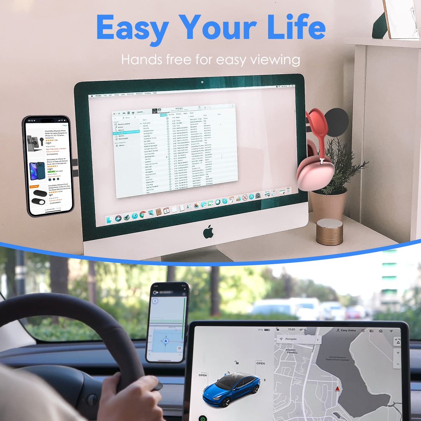 CloudValley Magnetic Laptop Phone Holder, Adjustable Continuity Camera Mount Compatible with MagSafe & for iOS 16 / macOS 13 Ventura, Slim Portable Computer Expansion Bracket for Smartphone, Black