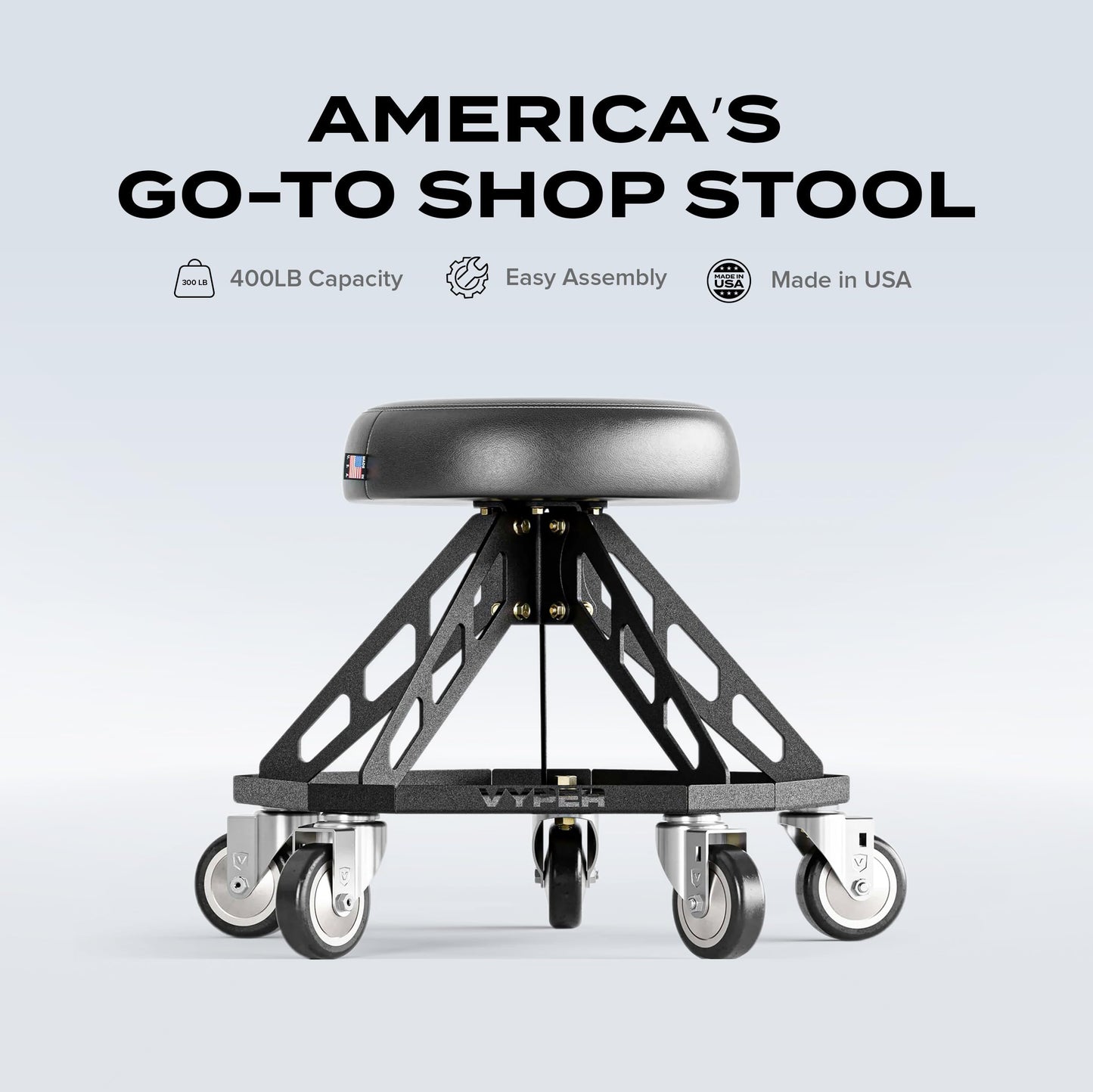 Vyper Robust Steel Pro Shop Chair for Mechanics, Automotive, DIY - 400 lb Capacity Garage Stool, Large Wheels (Black Seat, Red Frame)