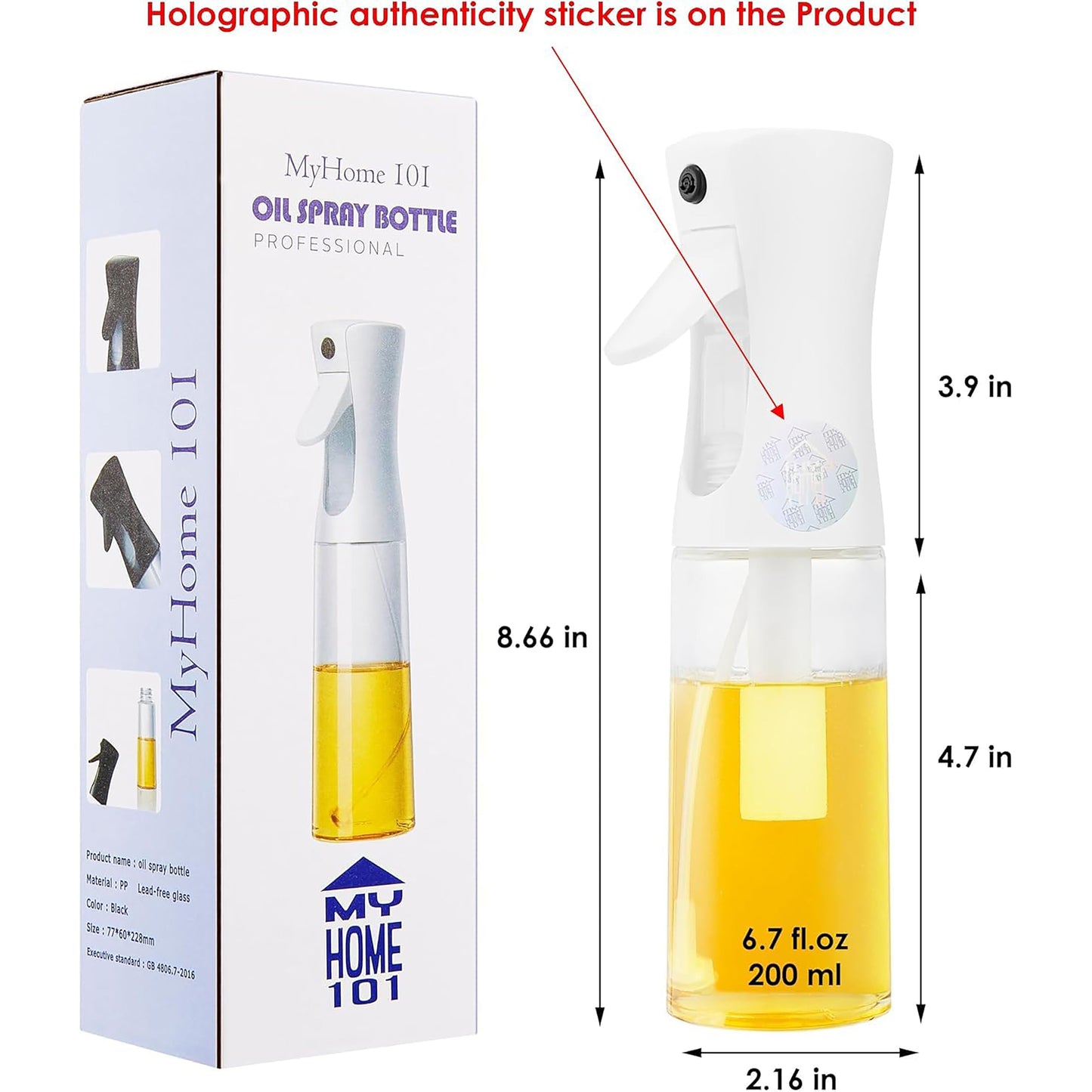MyHome 101 Glass Oil Sprayer for Cooking - Olive Oil Mister Spray Bottle - 6.7 fl.oz - Air Fryer Accessories - Refillable Dispenser for Kitchen