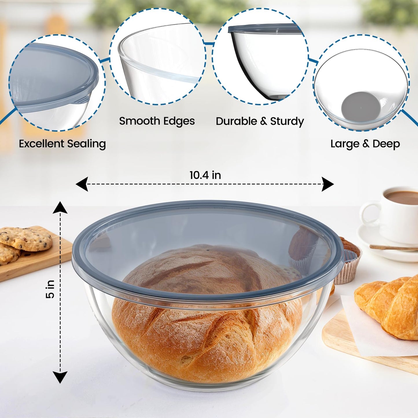 AltarreT Large Glass Bowl for Sourdough Bread Making, 4.7 Quart Glass Mixing Bowl with Lid, Clear Glass Salad Cooking Bowl Kitchen Bread Salad Storage