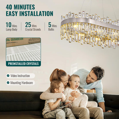 Siljoy Modern Crystal Chandelier, Luxury Rectangular 2-Tiers K9 Crystal Raindrop Chandelier, 16-Light Adjustable Hanging Crystal Ceiling Light for Dining Room Living Room Kitchen L35.4''