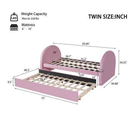 Christopher Knight Home Leonhart Velvet Upholstered Twin Size Bed Frames with Headboard/Footboard, Day Bed Frame Twin with Pull-Out Functionality, Iron Frame + Wooden Slat Trundle Bed Twin, Pink
