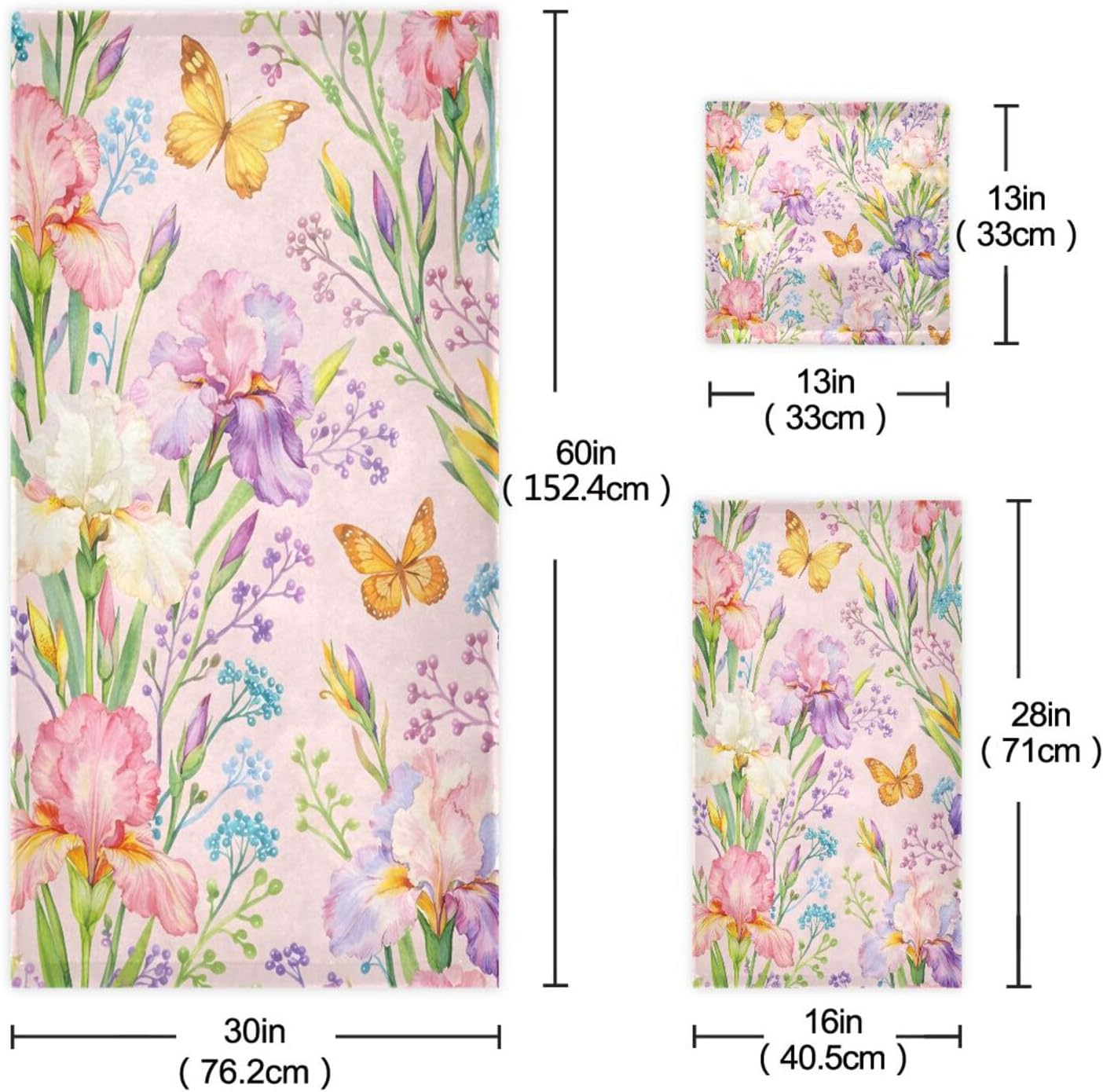 Set Set 3, 1 1 1 ALAZA Chic Iris Purple Flowers and Yellow Butterflies Bath Towel Luxury Decorative of Bath Towel Hand