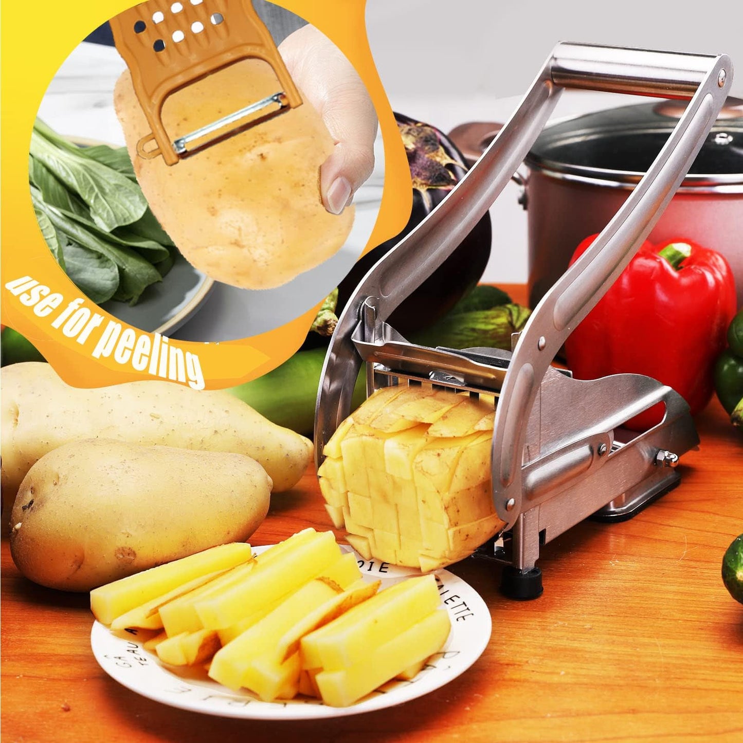 Azooken Stainless Steel French Fry Cutter, 2-blade Potato Slicer No-Slip Suction Base French Fry Cutter with 1 Peeler, Perfect for Potatoes, French Fries, Cucumber,Vegetables Carrot