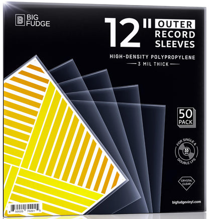 Big Fudge Vinyl Record Sleeves 50 x 12 LP - Durable & Wrinkle-Free Vinyl Outer Sleeves - Crystal Clear High-Density Polypropylene - 3 mil Thick, 12.75” x 12.75” - Fits Most Gatefolds Double LPs