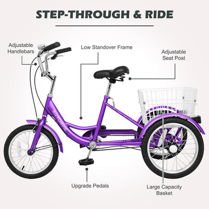 H&ZT Adult Tricycle, 3 Wheeled Bike, Trike Cruiser Bike, with 7-Speed Gear, Parking Brake Handle, Low Step, Large Rear Basket, Elderly Friendly, for Men, Women, and Teens