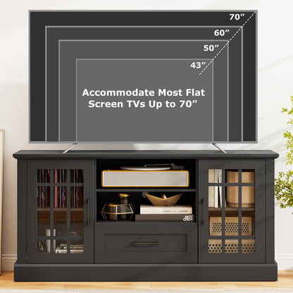 LDAILY 63" Farmhouse TV Cabinet, TV Console Table w/ 2 Side Cabinets & Drawer & Cable Management Holes, Modern TV Stand for TVs up to 70", Entertainment Center for Living Room, Bedroom (Black)