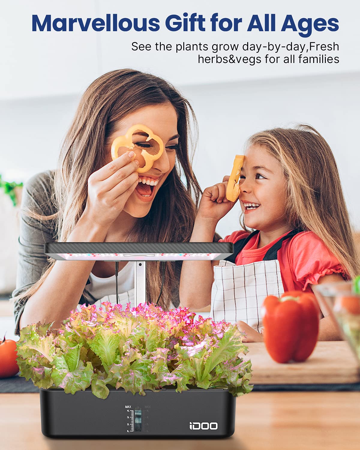 iDOO Hydroponics Growing System Kit 12Pods, Christmas Gifts for Women Mom, Herb Garden Indoor with LED Grow Light for Home, Built-in Fan, Auto-Timer, Adjustable Height Up to 11.3", 12Pods WiFi-Black