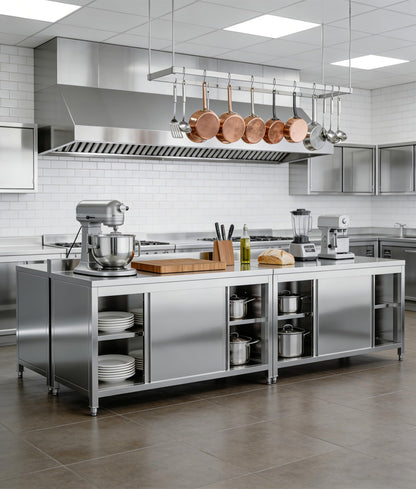 Zumic Stainless Steel Table, Metal Worktable with 2 Shelves, Kitchen Chefs Work Prep Table with Sliding Door, Mesa de Acero Inoxidable for Restaurant, Home, Garage, Laundry