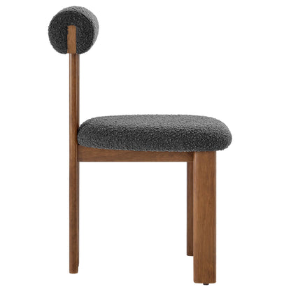 Modway Torian Upholstered Boucle Dining Chairs Set of 2 in Walnut Charcoal - 3-Legged Farmhouse Kitchen Chairs - Mid-Century Modern Armless Accent Chairs - Comfortable Side Chairs with Wood Legs