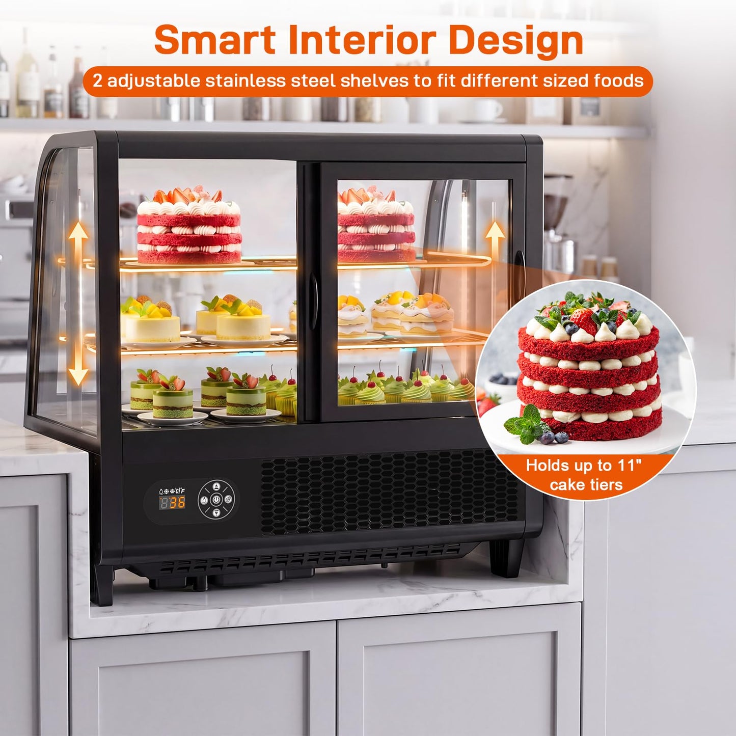 Commercial Cake Display Refrigerator, 100L Countertop Curved Glass Cooler with LED Light, Digital Thermostat, Frost-Free Pastry Showcase, Tempered Glass & Rear Sliding Doors for Bakery/Cafe/Home