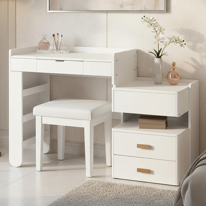 Merax Makeup Vanity Desk with Flip-Top Mirror and Lights, Modern Vanity Set with Cushioned Stool, 3-in-1 Dressing Table with Retractable Side Cabinet and Ample Drawers for Bedroom, White