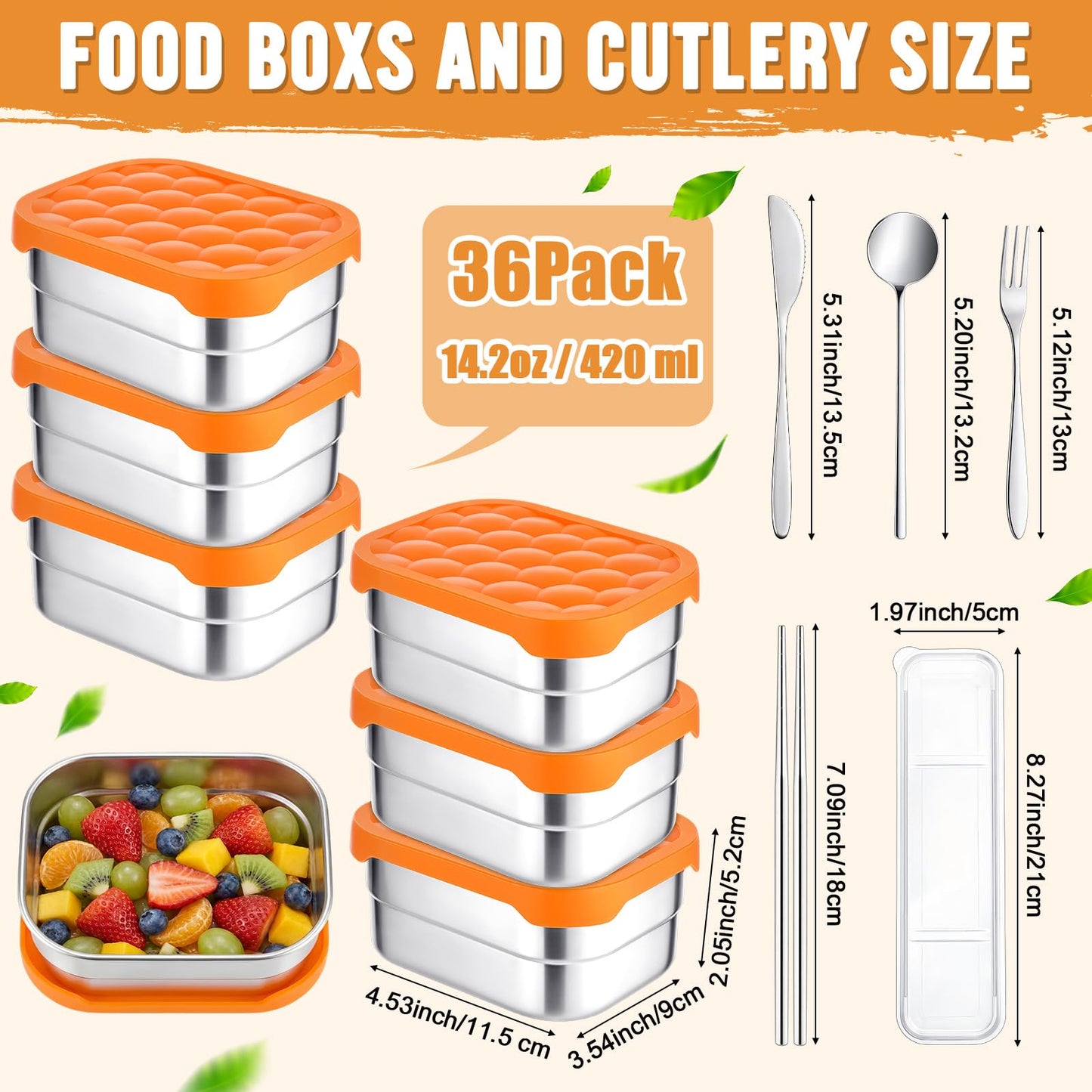 Ferrochef 36 Pcs Stainless Steel Containers with Silicone Lids 14 oz Reusable Food Snack Containers Easy Open Lunch Box Include Chopsticks Knife Fork Spoon with Case for Travel Meal Prep Food Storage