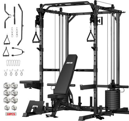 JEEKEE Power Cage with Cable Crossover System, 2200LB Heavy Duty Power Rack with Dual Pulley, 180LB Weight Stack, LAT Pulldown, 20+ Attachments for Home Gym,Black