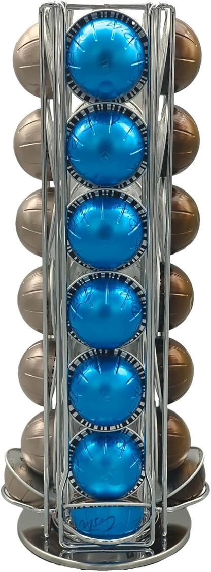 Coffee Capsule Holder for Nespresso Vertuoline, Rotating Pod Rack Holds 28 Nespresso Vertuo Pods (Silver)