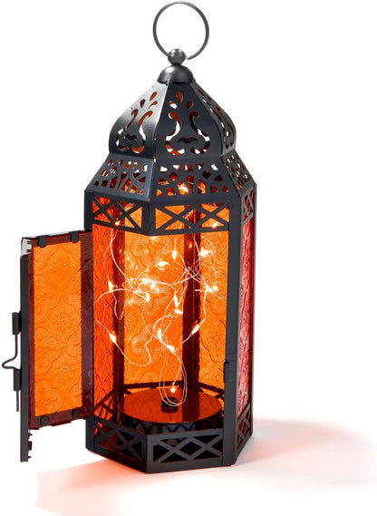 LampLust Moroccan Lantern with Lights - 11 Inch Decorative Indoor Lantern with LED Fairy Lights, Black Metal & Red Glass