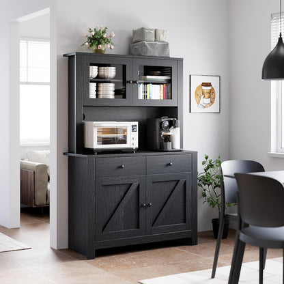 63" Tall Farmhouse Kitchen Pantry Cabinet with Microwave Stand, Freestanding Pantry Hutch Cabinet with Adjustable Shelves, Drawers & Countertop, Buffet Cupboard for Dining & Living Room Storage, Black