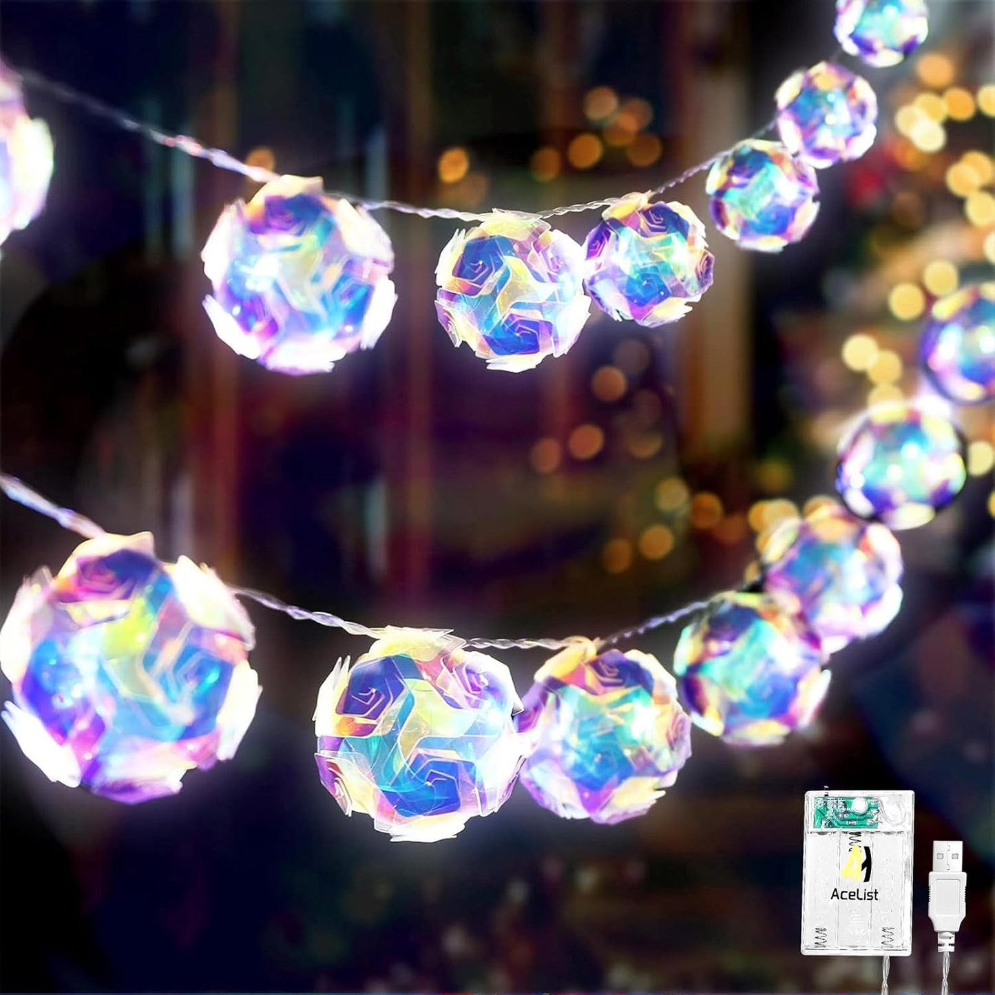 20 10ft AceList LED Globe Disco Ball Mirror String Lights, USB&Battery Powered Fairy Lights, Eid Ramadan Decoration