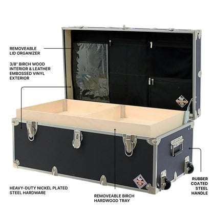 Rhino Trunk & Case Small Essential Trunk With Wheels, Tray, & Lid Organizer - 30"x17"x13", 1000+ lbs Capacity. Strong, USA Made Summer Camp Footlocker, and Secure College Dorm Storage Chest