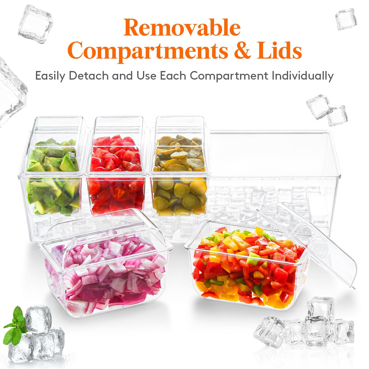 Lifewit Ice Chilled Condiment Caddy with 5x 20 oz Containers, Condiment Server with Lid & Metal Accessories, Serving Tray Platter with Removable Dishes for Bar, Fruit, Salad, Taco, Party Garnish