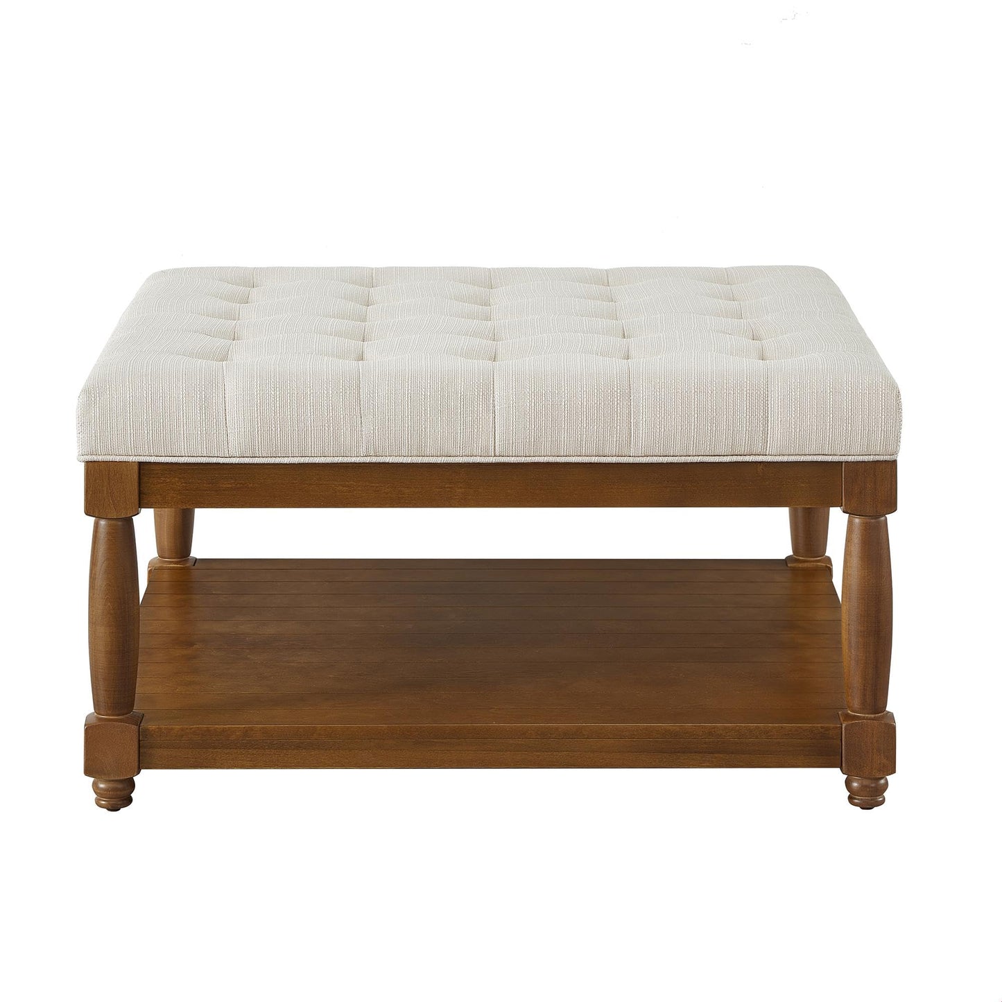 GDFStudio Large Square Upholstered Tufted Linen Ottoman Coffee Table with Solid Wood Frame and Open Storage Shelf, Nailhead Trim Accent Footrest for Living Room, Ivory
