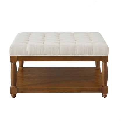 GDFStudio Large Square Upholstered Tufted Linen Ottoman Coffee Table with Solid Wood Frame and Open Storage Shelf, Nailhead Trim Accent Footrest for Living Room, Ivory
