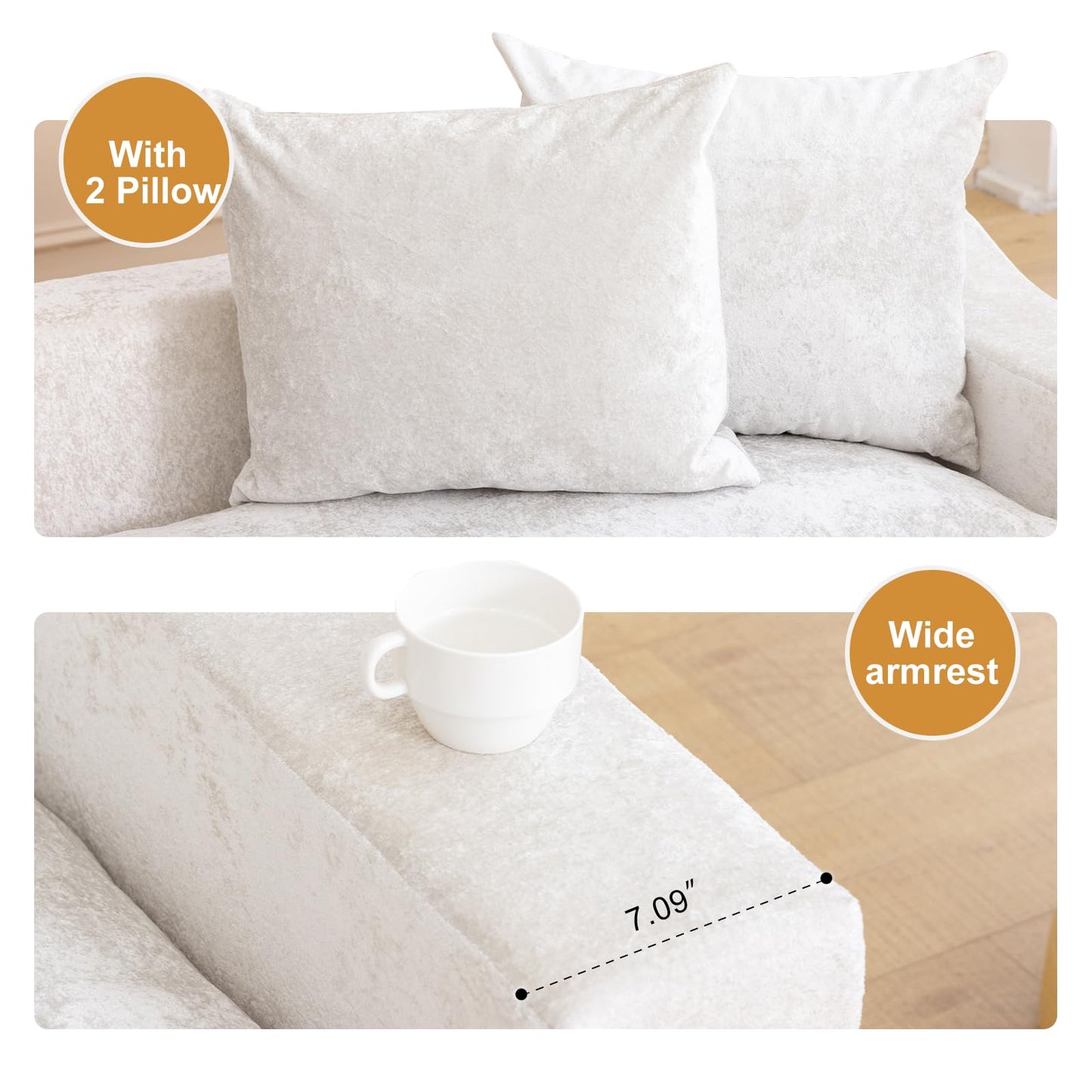 61" Convertible Sofa Bed Loveseat, Memory Foam Boneless Floor Couch with Removable Plush Velvet Cover, Tri-folding Compact Full-size Sleeper for Small Living Room, Playroom, Guest Room, RV (Off White)