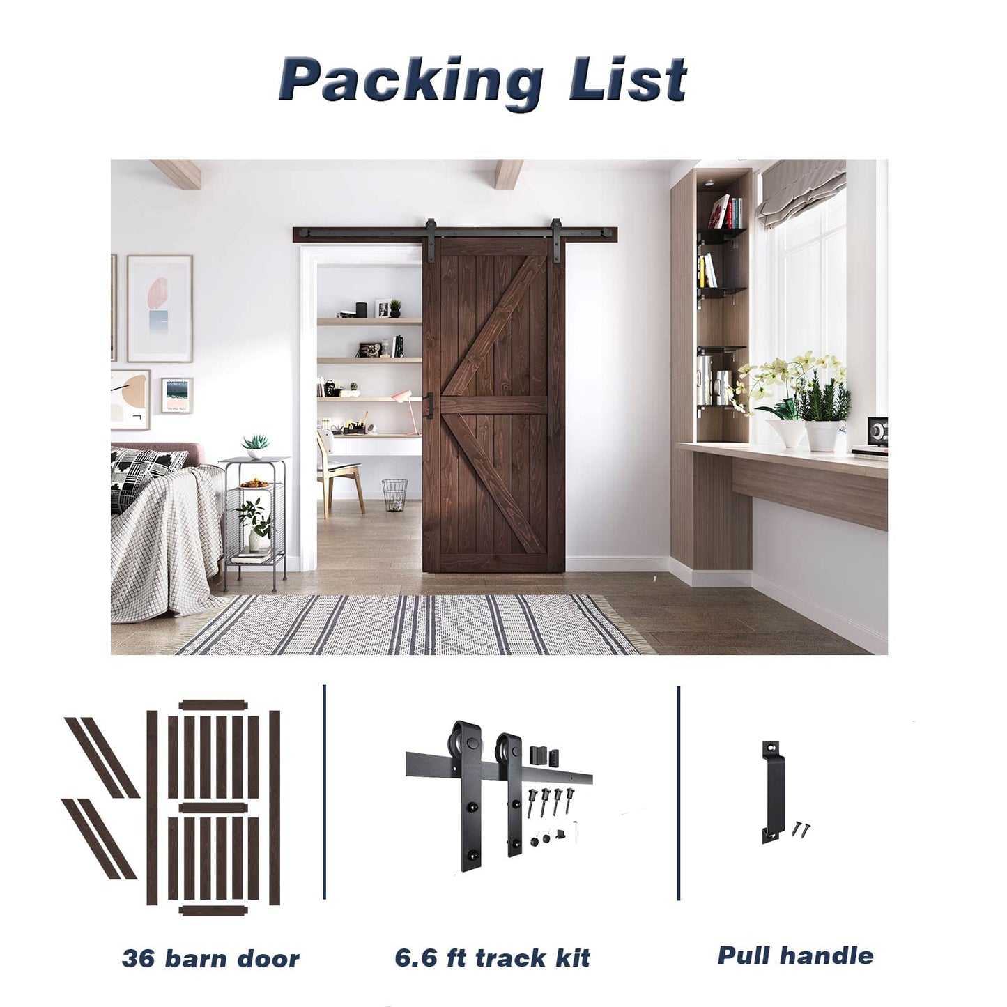 FREDBECK 36in x 84in Brown Barn Door with 6.6ft (79inch) Barn Door Hardware Track Kit and Handle Included, Double Surfaces,Simple Assembly is Required,K-Frame,Coffee