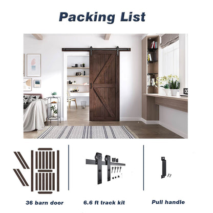 FREDBECK 36in x 84in Brown Barn Door with 6.6ft (79inch) Barn Door Hardware Track Kit and Handle Included, Double Surfaces,Simple Assembly is Required,K-Frame,Coffee